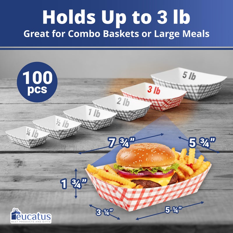Eucatus Grease-Proof Sturdy Food Trays 3 lb Capacity 100 Pack by Eucatus. Serve Hot or Cold Snacks in These Classic Carnival Style Checkered Paper Baskets. Perfect for Concession Stand or Circus Party Fare! - Image 2